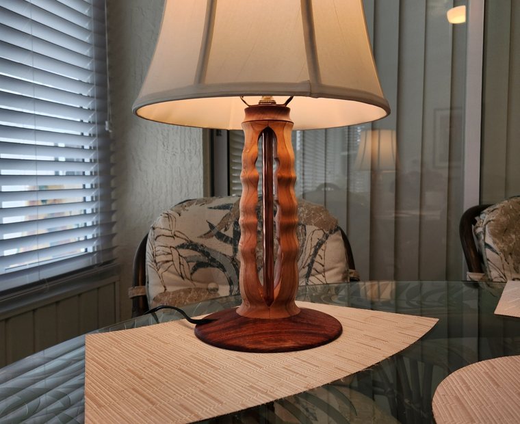 Beacon turned wood table lamp close view