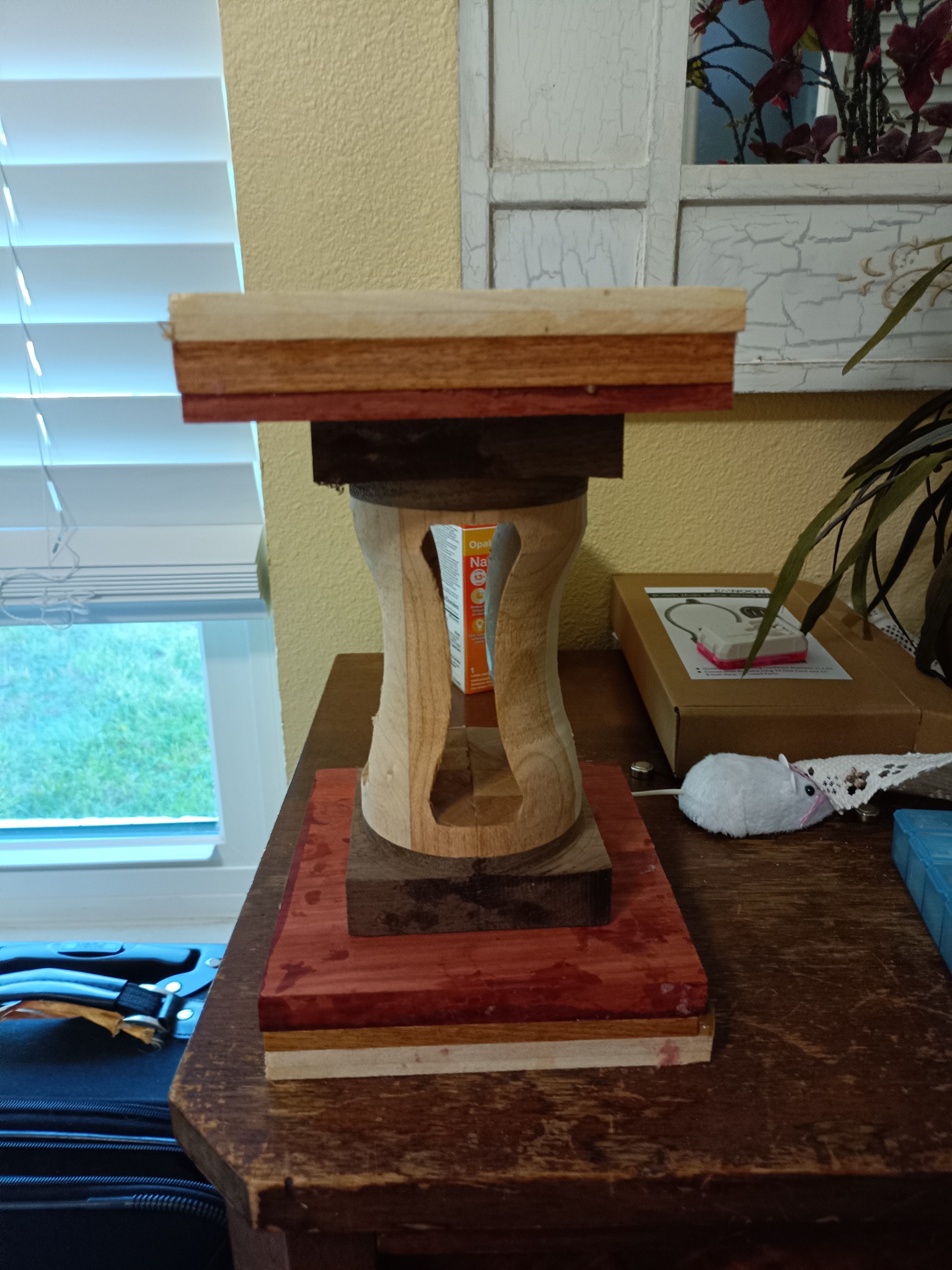 Turned wood lamp core structure in progress at the Woody Turns studio